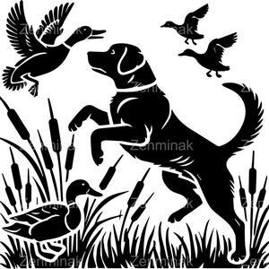 7 SVG Labrador e anatre SVG – Cane da caccia in scena di palude File di taglio – Clipart di uccelli acquatici per progetti di artigianato all'aperto, decalcomanie e vinile