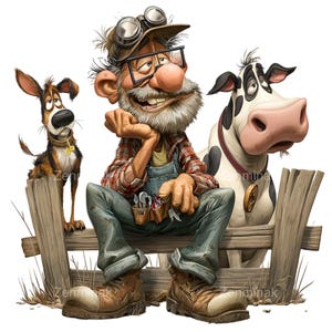 May include: A cartoon illustration of a farmer, dog, and cow. The farmer sits on a wooden fence, wearing a plaid shirt, overalls, and boots. The dog is brown and white, and the cow is black and white, with a red collar.