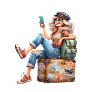 18 PNG Travel Girl PNG Clipart – Mulher de macacão, malas com adesivos, câmera, livros, avião, cena de aventura de férias