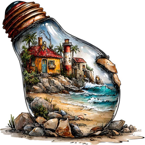 15 PNG Coastal Lighthouse Clipart – Seaside Village in Light Bulb PNG for Nautical Decor, Fantasy Art and Ocean-Themed Crafts