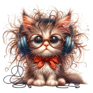 10 simpatici clipart PNG di gatti con cuffie e occhiali - Illustrazione di un gattino musicale alla moda - Arte digitale