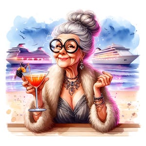 10 divertenti clipart PNG di nonne glamour in crociera con cocktail, vacanze di lusso al mare, stravaganti illustrazioni di donne anziane