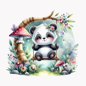 10 cliparts PNG panda mignon sur une balançoire avec des champignons et des fleurs, animal de la forêt kawaii, illustration de chambre d'enfant lunatique