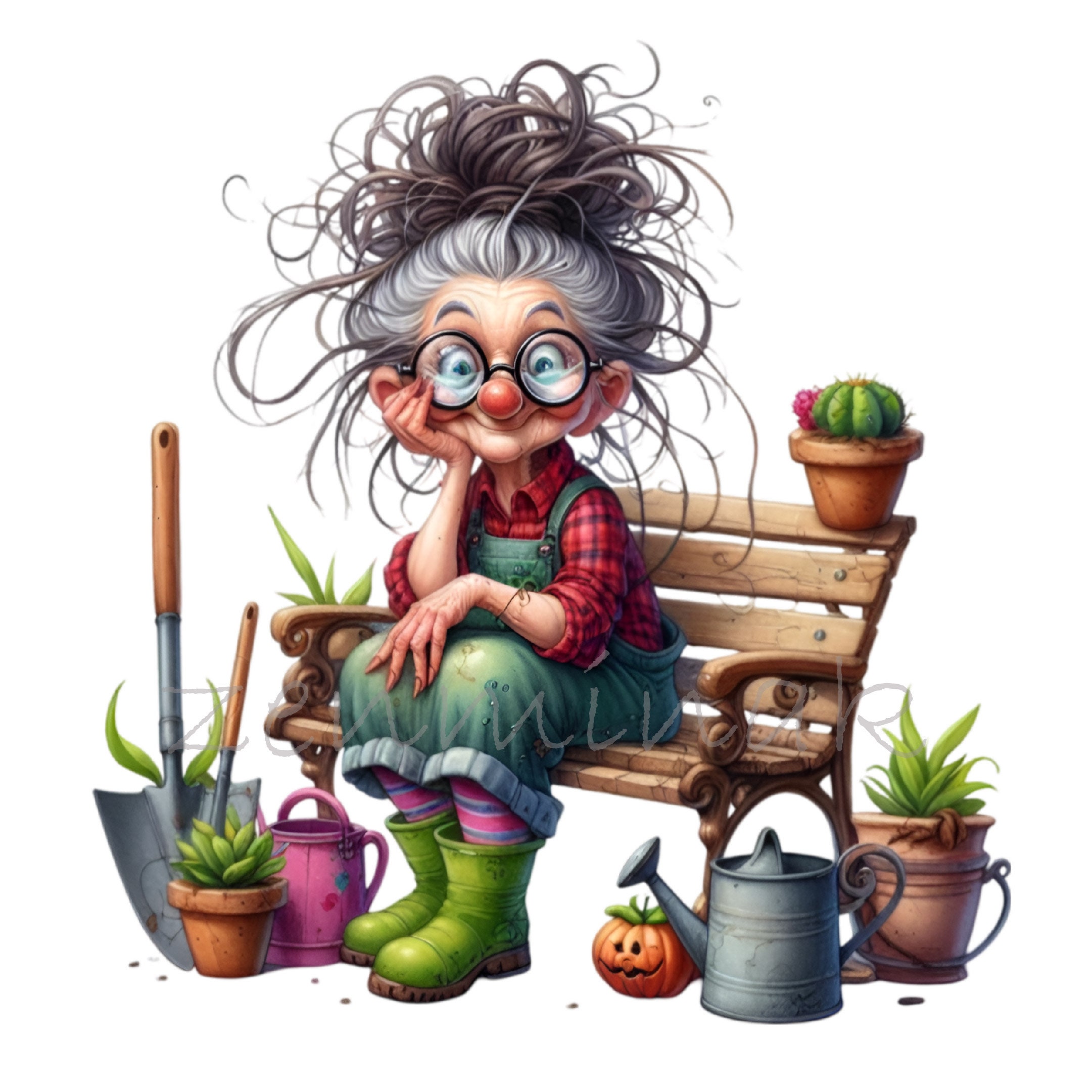 Ilustración de dibujos animados de cómics de mujer mayor, jardinera  divertida, 12 PNG - Etsy México, image size:2161x2161