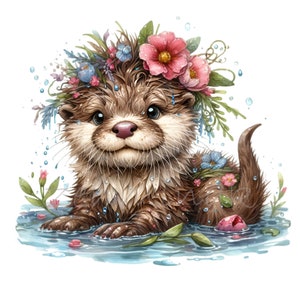 Baby Otter Bathing in a Pond 12 PNG Funny Floral Animal Kids Comics illustration clipart, Sublimation Printable Digital Downloads
