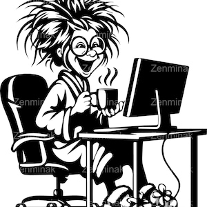 6 SVG drôle de travail SVG, clipart amateur de café fou, cheveux en désordre pour ordinateur portable PNG, fichier numérique de bureau à distance, clipart matin