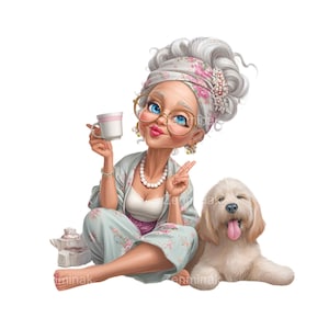 16 PNG Cute Elderly Lady with Dog PNG Clipart – Funny Grandma Drinking Tea, Pajamas, Peace Sign, Shaggy Puppy, Pastel Floral Style