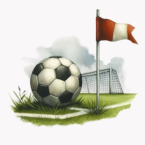 Puede incluir: Un bal&oacute;n de f&uacute;tbol blanco y negro se encuentra en un campo de hierba verde cerca de una porter&iacute;a de f&uacute;tbol con una bandera roja y blanca.