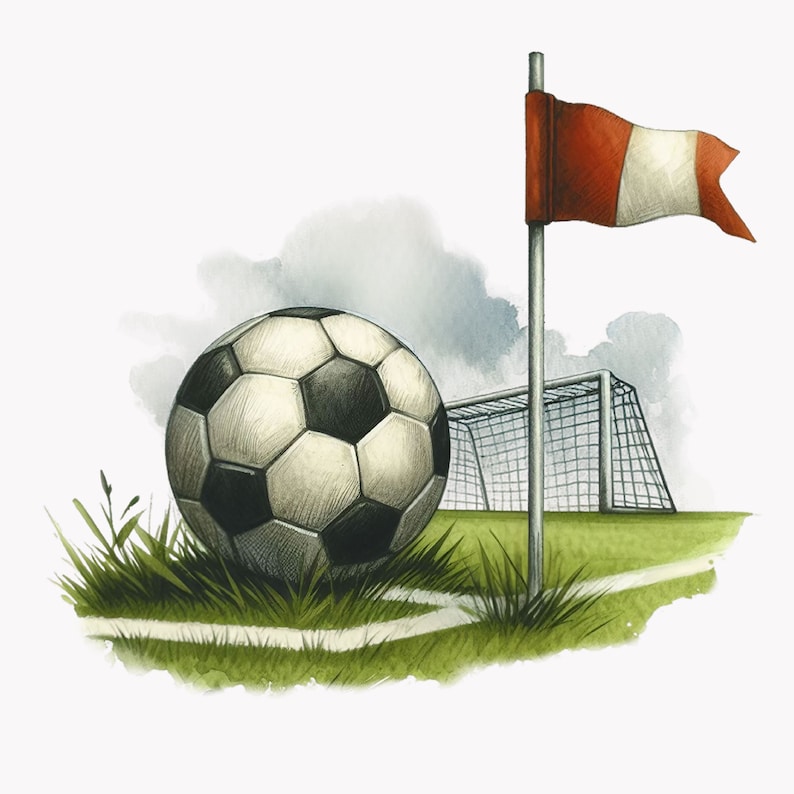 Puede incluir: Un bal&oacute;n de f&uacute;tbol blanco y negro se encuentra en un campo de hierba verde cerca de una porter&iacute;a de f&uacute;tbol con una bandera roja y blanca.
