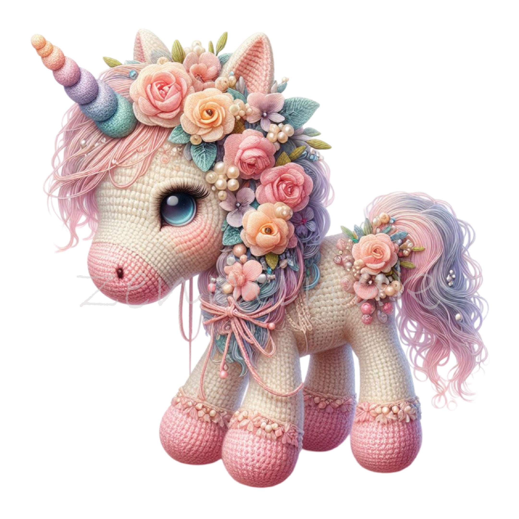 14 PNGユニコーンクリップアート、編み物の虹色の花のファンタジー