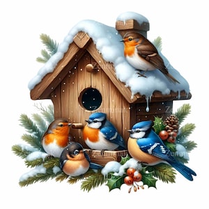 Könnte beinhalten: Ein hölzernes Vogelhaus mit einem schneebedeckten Dach, umgeben von immergrünen Zweigen und roten Beeren. Vier Vögel sitzen auf dem Haus, darunter ein Rotkehlchen, ein Blaumeise und zwei Blauhäher.