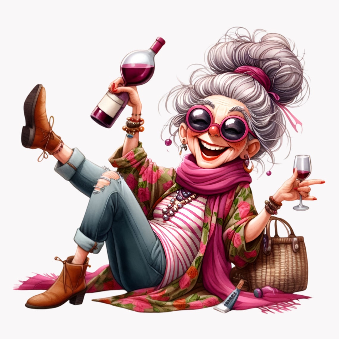 Funny Grandma Drinking Wine Clipart Bundle, Granny Party Png, Old Lady ...