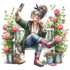 15 PNG Funny garden lady clipart – Woman taking selfie PNG – Floral boots roses bench digital art for gardening and spring decor