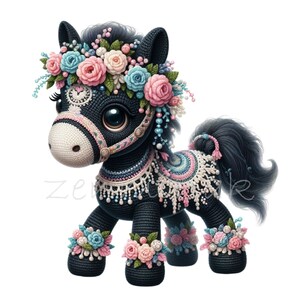 10 png-schattige zwarte pony clipart png, pastel bloemen paard met kant en grote ogen, grillige baby dieren illustratie voor kinderdagverblijf of ambacht