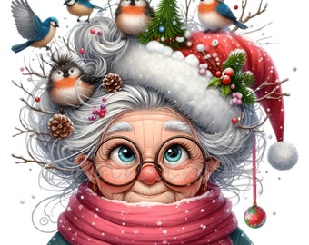 12 PNG Winter Senior Woman With Birds Christmas Tree Clipart
