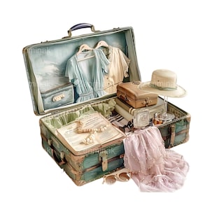 12 PNG Vintage Travel Suitcase PNG Clipart, Vestidos de senhora elegantes e acessórios Ilustração, Retro Trip Art