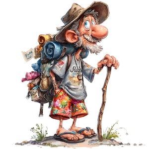 Può includere: Illustrazione di un cartone animato di un escursionista anziano con un grande zaino, un bastone da passeggio e un cappello. L'escursionista indossa una maglietta grigia, pantaloncini arancioni a fiori e sandali. Lo zaino è pieno di vari oggetti.