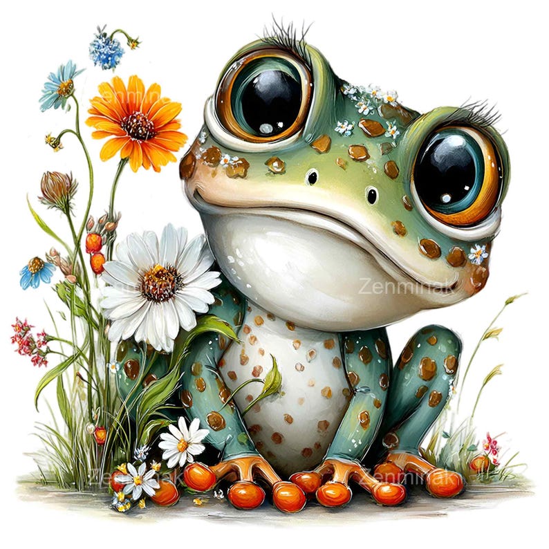 May include: A whimsical illustration of a frog with large, expressive eyes and a gentle expression. The frog is green with brown spots and orange feet, surrounded by colorful flowers, including daisies and orange gerbera daisies. The image has a soft, watercolor style.