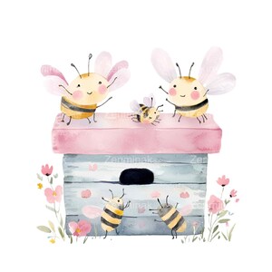 19 aquarel bijen png op bijenkorf illustraties, schattige lente bloemen bij ontwerp png, babyshower digitale afbeelding