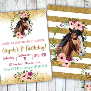 Floral Horse with Glitter Birthday Invitation