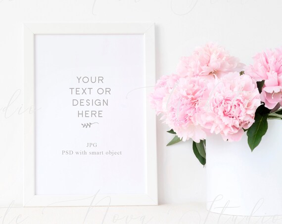White Frame Mockup With Pink Peonies Instant Download Poster
