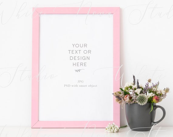 Pink Frame Mockup With Wildflowers Poster Mockup With Smart