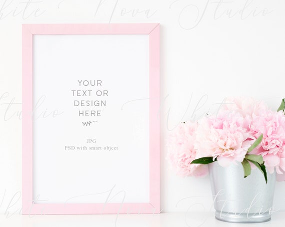 Pink Frame Mockup With Peonies Poster Mockup With Smart