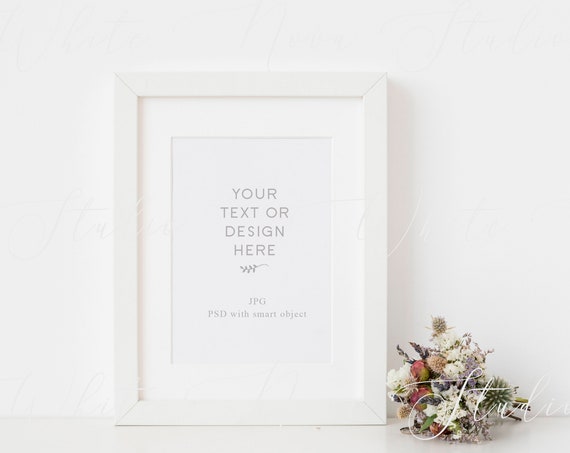 White Frame Mockup With Bouquet Of Summer Flowers Poster White Frame Mockup With Bouquet Of Summer Flowers Poster