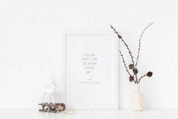 Christmas White A4 Frame Mockup With Fawn And Branch