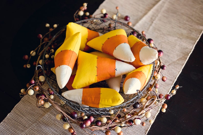 Stuffed Candy Corn Decor | Halloween decor | thanksgiving decor | candy corn | fall decor | Fall decor for kitchen | fall decor tiered tray 