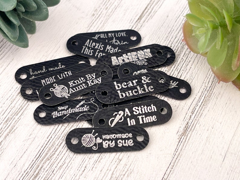 Small 1.5 x 0.5 Customized Faux Leather Product Tags, SEW-ON Personalized Tags for Knitting and Crochet, Cute Labels for Handmade Items image 7