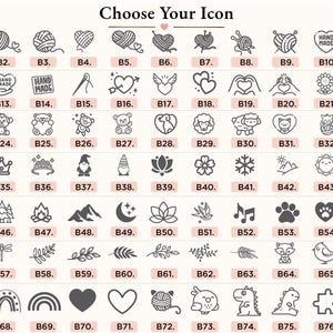 Puede incluir: Una cuadr&iacute;cula de 77 iconos de l&iacute;nea negra etiquetados de B1 a B77 bajo el t&iacute;tulo Choose Your Icon. Los iconos incluyen ovillos de lana, corazones, animales, flores, elementos naturales, coronas y formas, cada uno en una caja con etiqueta.