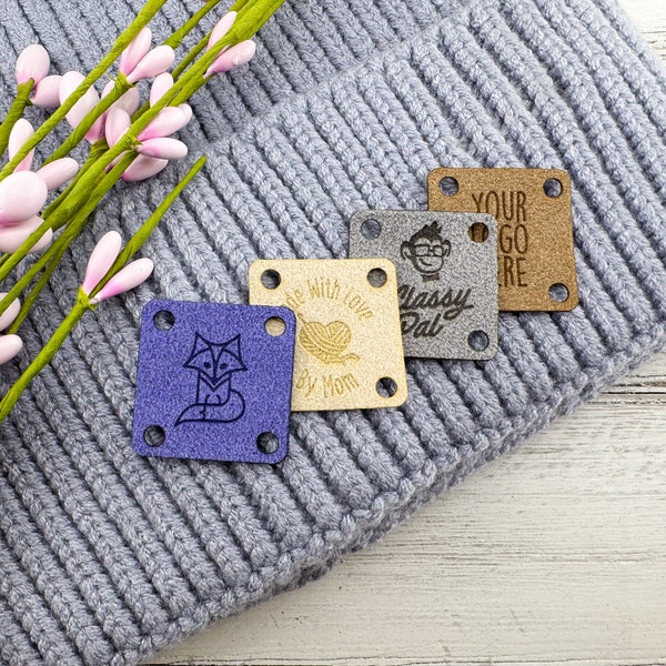 Custom Ultrasuede Tags for Handmade Items, 1"x1" SEW ON Personalized Logo Labels for Crochet, Microsuede Clothing Tags for Knitting Projects