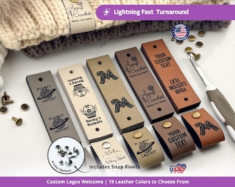 Custom Crochet Labels: Faux Leather Knitting Tags with Rivets - 3x0.85 in