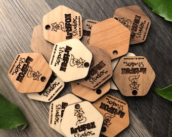 Custom Laser Engraved Wooden Product Tags for Handmade Items, Personalized Wood Swing Tag for knitting and crochet items, Quilting Buttons