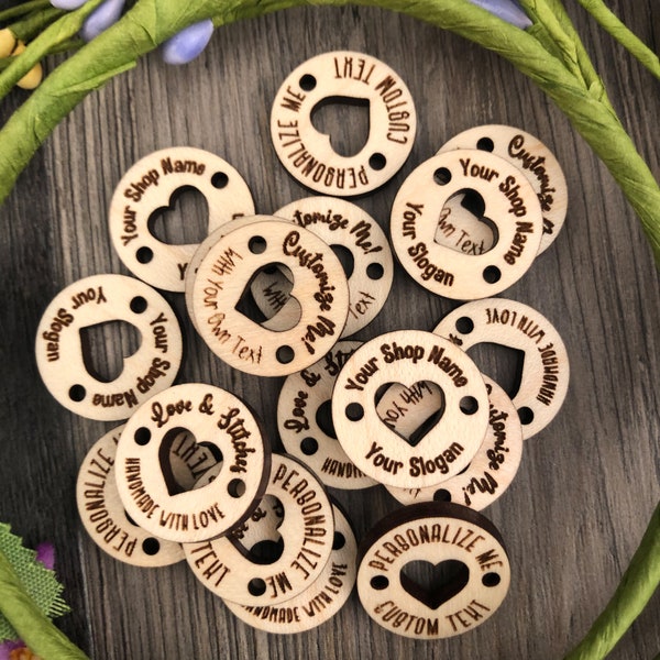 Cute Product Tags with Heart Cut-Out in Various Sizes, Adorable Sew-On Tags, Personalized Wooden Tags for Crochet Projects, Wood Tags