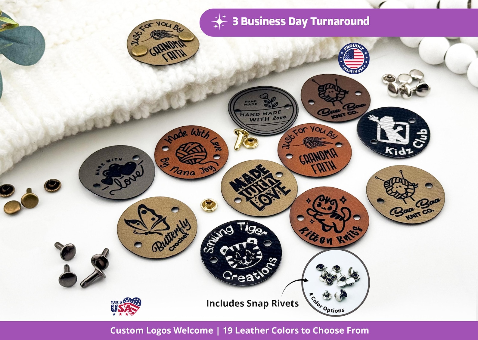 Custom Faux Leather Tags: Round 1.25".- ArtiFoxStudios