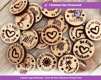 Customized Logo Product tags, personalized wood buttons for knitted and crochet items, buttons for handmade items, custom logo wooden button