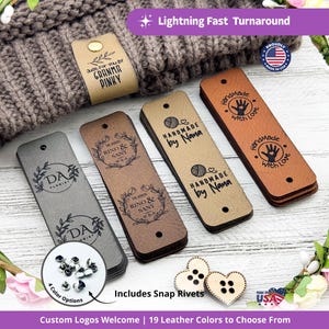 Customized 0.95 x 3 inch Tags For Knits And Crochet, Faux Leather Labels For Handmade Items, Leather Tags With Rivets, Tags For Knitted Hats