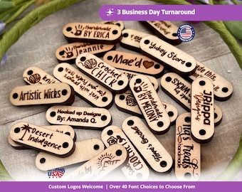 Small Customized Product tags, personalized wood buttons for knitted and crochet items, buttons for handmade items, custom wooden button