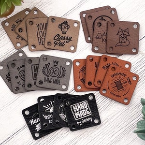 Custom 1x1" Vegan Leather Tags for Handmade Items, SEW ON Personalized Logo Labels for Crochet, Faux Leather Tags for Knitting Projects