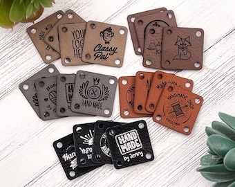 Custom 1x1" Vegan Leather Tags for Handmade Items, SEW ON Personalized Logo Labels for Crochet, Faux Leather Tags for Knitting Projects