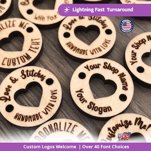 Custom Buttons with Heart Cut-Out 0.8 x 0.8 Inches, Cute Tags for Handmade Items, Personalized Wooden Tags for Crochet and Knitting Projects