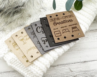 Personalized 1.75" x 2" Ultrasuede Tags for Handmade Knitting and Crochet | Custom No-Sew Tags for Business Branding | Labels for Handmade