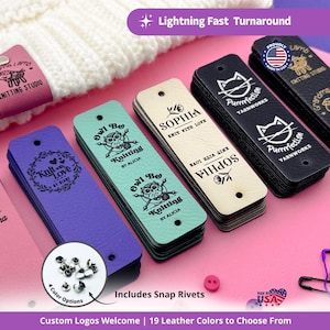Custom No Sew Personalized Faux Leather Tags 3&quot;x 0.95&quot;,  Snap Rivet Knit Tags, Business Labels for Hats, Crochet Tag with Grommets, Knits