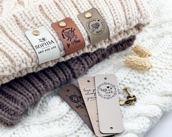 Custom Tags 0.95 x 3 inch For Knitting And Crochet, Faux Leather Labels For Handmade Items, Leather Tags With Rivets, Tags For Knitted Hats