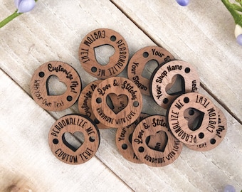 50 Walnut Product Tags with Heart Cut-Out in Various Sizes, Clothing Labels, Sew on Tags, Personalized Wooden Tags for Knitting Projects