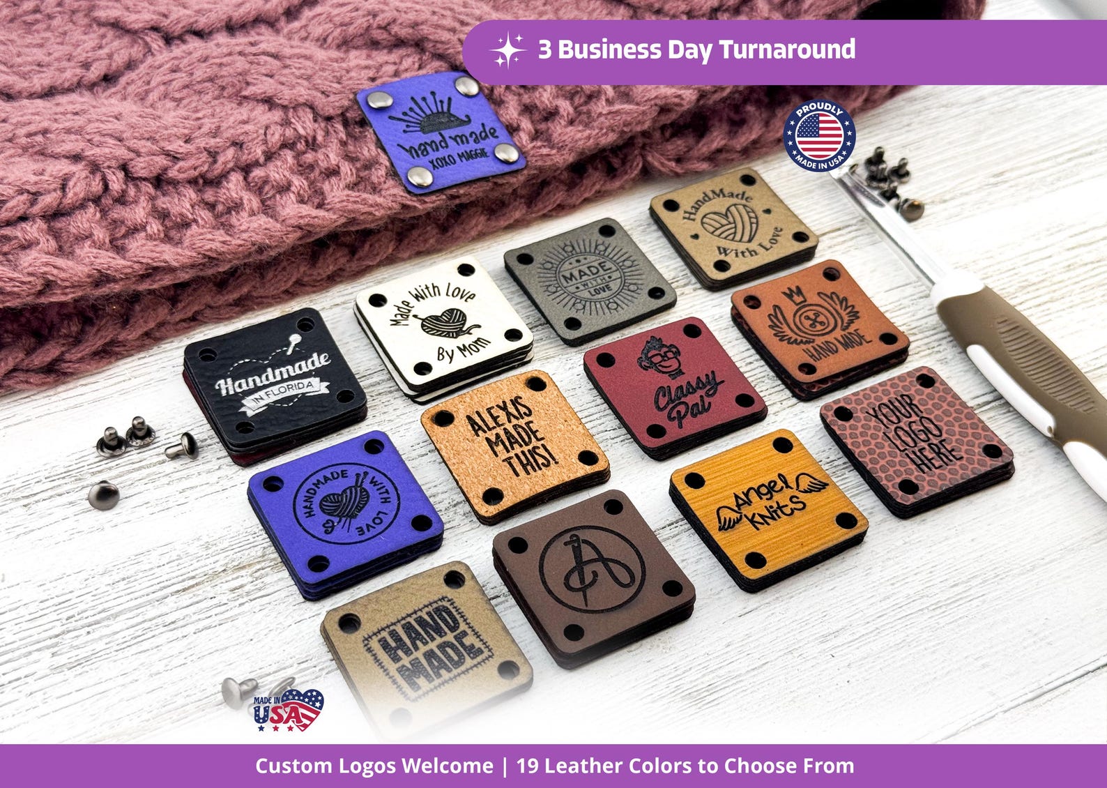 Customized 1 x 1 inch Square Faux Leather Tags (ArtiFoxStudios)