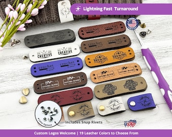 Custom Tags 2.75 x 0.75 in For Knitting And Crochet, Faux Leather Labels For Handmade Items, Leather Tags With Rivets, Tags For Knitted Hats