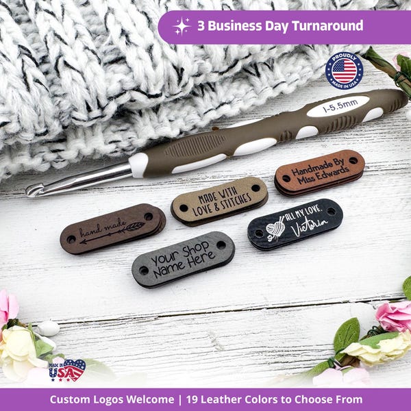 Small 1.5" x 0.5" Customized Faux Leather Product Tags, SEW-ON Personalized Tags for Knitting and Crochet, Cute Labels for Handmade Items